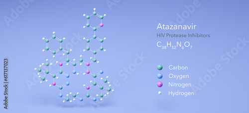 atazanavir molecule, molecular structures, hiv protease inhibitors, 3d model, Structural Chemical Formula and Atoms with Color Coding photo