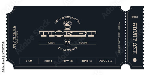 Event ticket template in vintage style on dark blue background. For cinemas, parties, clubs, concerts and other events. Vector, printable. Just add your text.