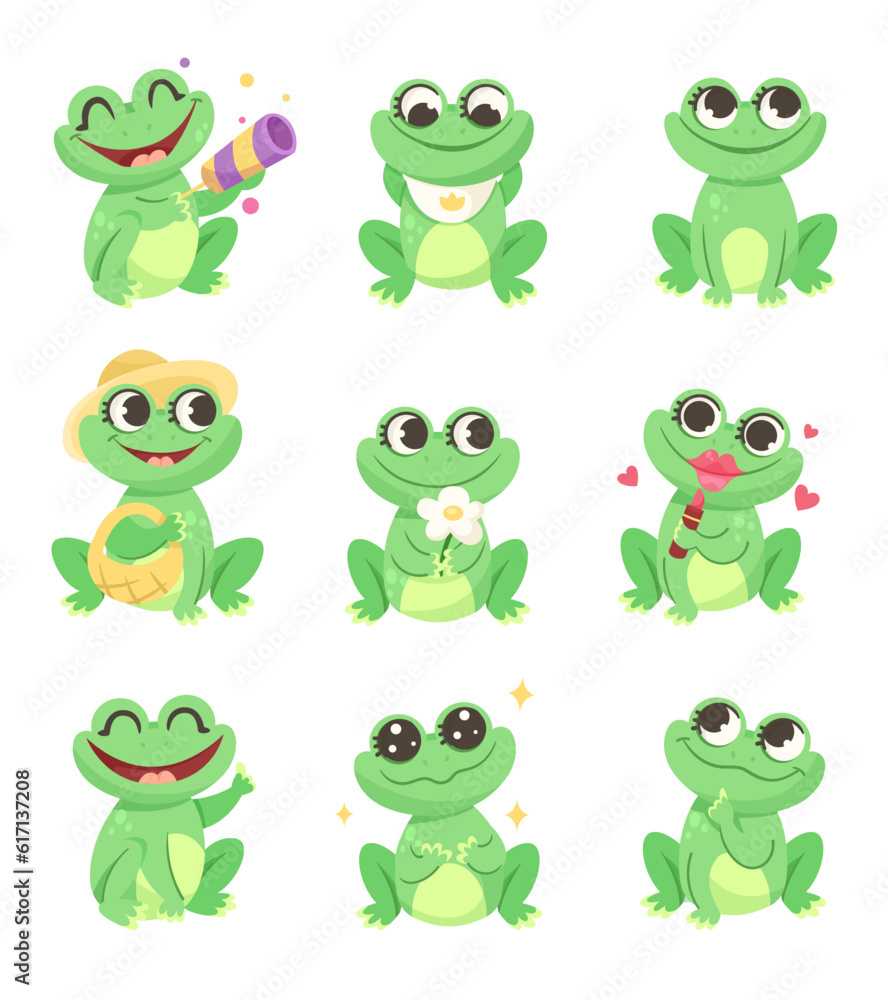 Cute Green Leaping Frog Character Sitting and Smiling Vector Illustration Set Cute Green Leaping Frog Character Sitting and Smiling Vector Illustration Set