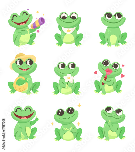 Cute Green Leaping Frog Character Sitting and Smiling Vector Illustration Set