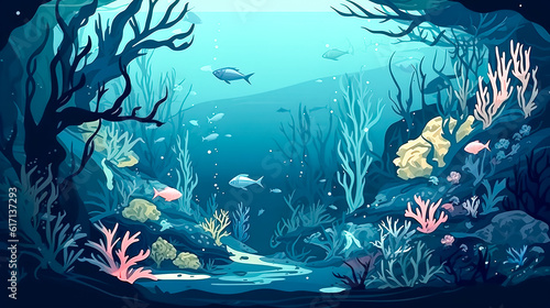 Underwater cartoon landscape, the bottom of the sea, generative AI.