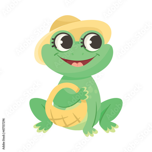 Cute Green Leaping Frog Character Sitting with Bag in Hat Vector Illustration