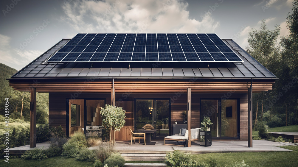 Solar Panels on the Modern House Roof. Sustainable and Clean Renewable Energy,  Domestic Home Exterior Suburban Landscape, Natural Sun Energy. generative ai