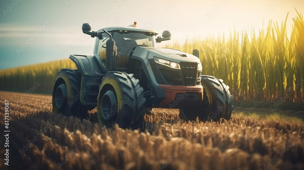 Tractor Working at Farm Field in spring evening. Smart Farming Technology and Sustainable Advanced Agriculture Practices. generative ai Tractor Working at Farm Field in spring evening. Smart Farming Technology and Sustainable Advanced Agriculture Practices. generative ai