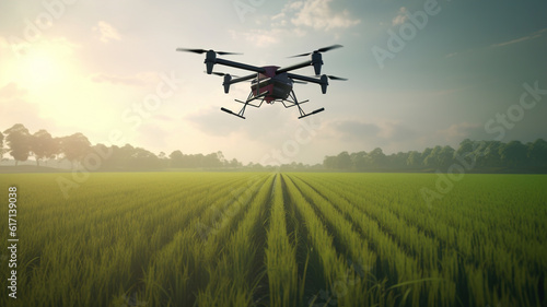 Agriculture Drone Monitoring Green Corn Field. Quadcopter Flying Above Lush Cultivated Field for Crop Surveillance  Smart Modern Farm Management  and Precision Farming. generative ai