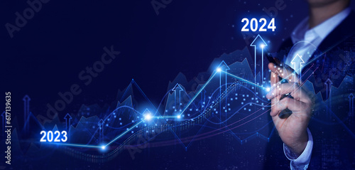 Planning,opportunity, challenge and business strategy in new year 2024. Growth and development chart of company in new year 2024. Development to success and motivation. © Miha Creative