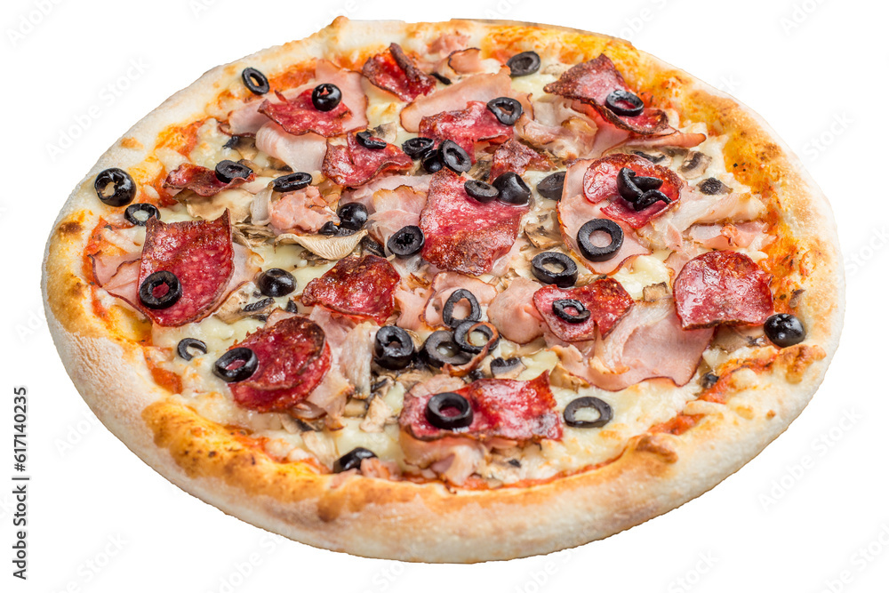 Pizza with salami, ham, sausage and white cream sauce Pizza with salami, ham, sausage and white cream sauce