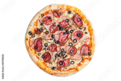 Pizza with salami, ham, sausage and white cream sauce