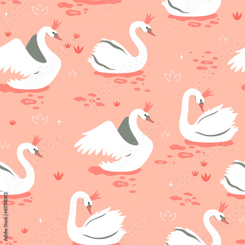 Seamless pattern with white crowned swans on a pond. Vector graphics.