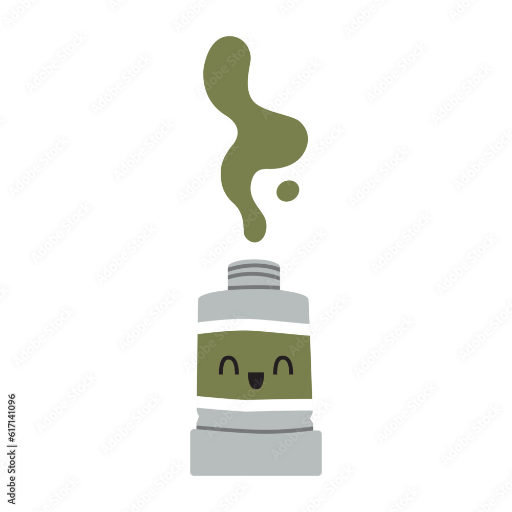 Tube of green paint with smile, oil paint, acrylic, gouache or watercolor, cartoon style. Trendy modern vector illustration isolated on white background, hand drawn, flat design Tube of green paint with smile, oil paint, acrylic, gouache or watercolor, cartoon style. Trendy modern vector illustration isolated on white background, hand drawn, flat design
