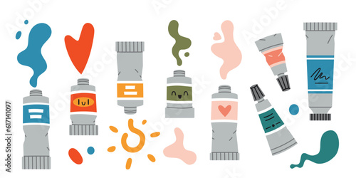 Paint tubes funny set, oil paint, acrylic, gouache or watercolor, cartoon style. Trendy modern vector illustration isolated on white background, hand drawn, flat design