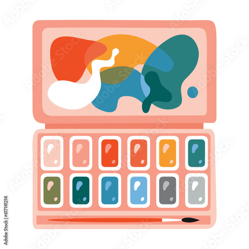 Box with watercolor paints and palette lid, cartoon style. Painting tools elements, Art supplies. Trendy modern vector illustration isolated on white background, hand drawn, flat design