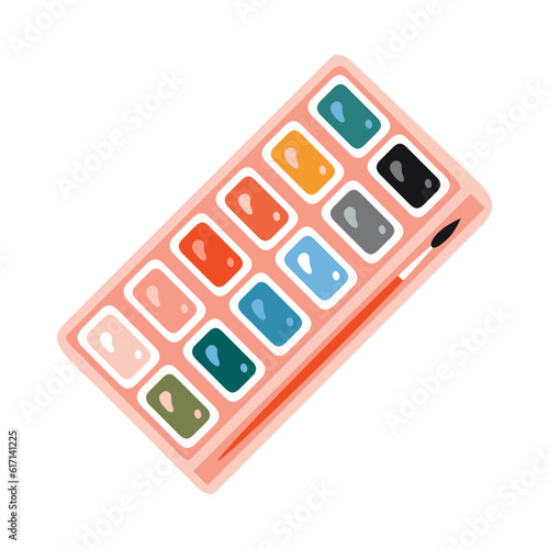 Box with watercolor paints, cartoon style. Painting tools elements, Art supplies. Trendy modern vector illustration isolated on white background, hand drawn, flat design