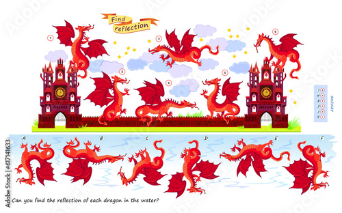 Logic puzzle game for children and adults. Can you find the reflection of each dragon in the water? Brain teaser book. Developing kids spatial thinking. Task for attentiveness. Vector illustration.