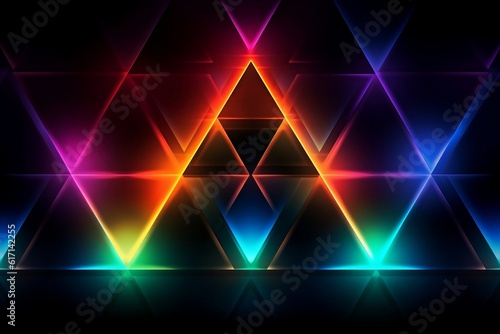 Glowing Colorful Triangles in a Sacred Geometry Pattern on a Black Background