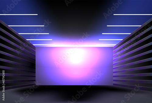 Lodgment garage room with many shalves, neon blue LED lamps light on ceil. Big display with blue purple pink neon light LED lamps. Cinema of tech garage room. Cinema display in black space vector. photo