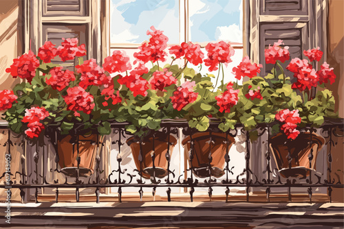 flowers in a window Beautiful geraniums on a balcony vector art painting 