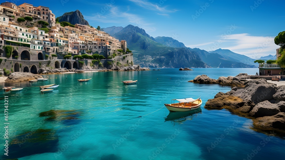 A stunning landscape of a beautiful Mediterranean coastal town with a beach and harbour. The sky and sea are vivid blue and there's mountainous terrain in the background. Generative AI.
