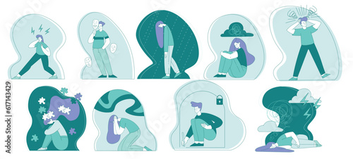 Young Man and Woman Suffering from Mental Disorder Vector Set
