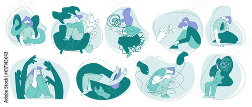 Young Man and Woman Suffering from Mental Disorder Vector Set