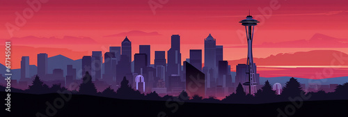 Seattle city panorama, urban landscape. Business travel and travelling of landmarks. Illustration, web background. Buildings silhouette. United States - Generative AI