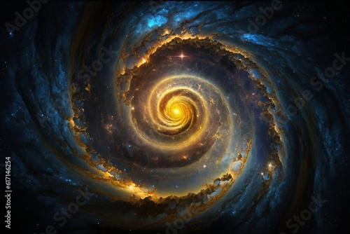 Phi Spiral Galaxy in Space with Stars, Sun and Clouds, in Fibbonaci, Ratio, Cosmic