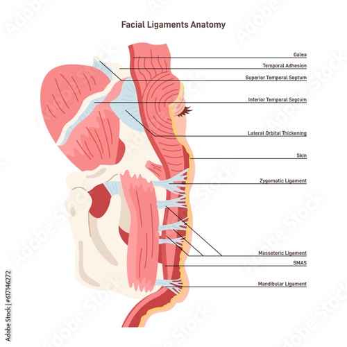 Facial ligaments anatomy. Close-up skin structure of epidermis