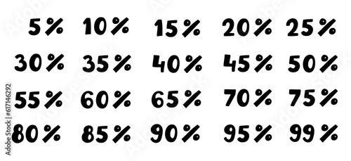 Hand made up to 99 percent black ink discount logo special offer lettering. Vector design illustration in cartoon flat doodle style isolated on white background. For web site, banner, coupon, poster.