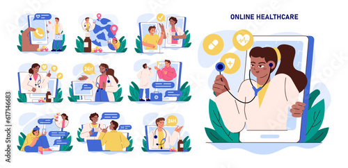 Online consultation with a doctor set. Remote medical treatment