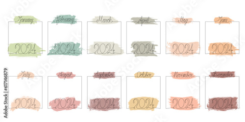 2024 year hand draw month calendar template with brush strokes pastel colours. Vector stock illustration isolated on white background for beauty and spa print industry, photo album. Editable stroke. 