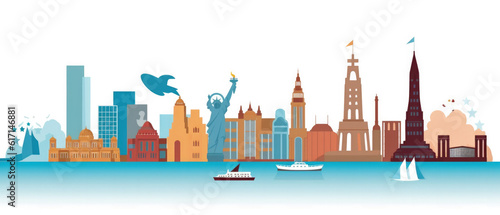 World Famous Landmarks Skyline Silhouette Style  Colorful  Cityscape  Travel and Tourist Attraction - Generative AI