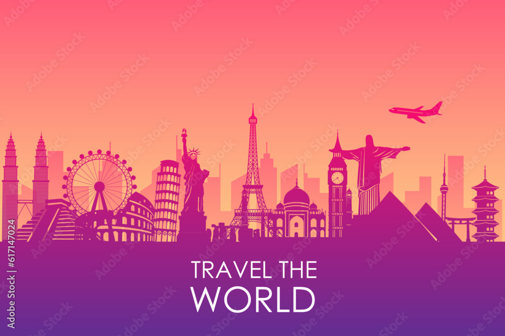 Travel to world on banner background. Landscape template tourism cards. road trip. vacation as in holiday. city scape around the world. vector illustration in flat style modern design.