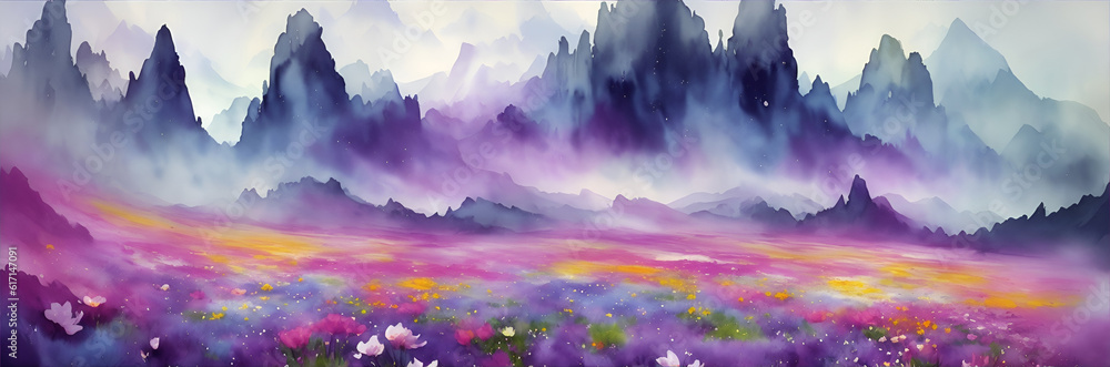Spring meadow landscape. AI generated illustration