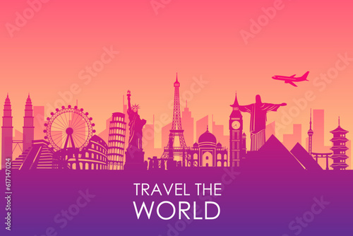 Travel to world on banner background. Landscape template tourism cards. road trip. vacation as in holiday. city scape around the world. vector illustration in flat style modern design.