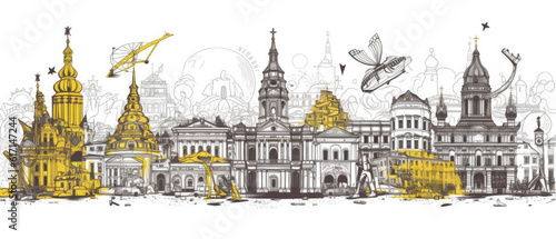 Ukraine Landmarks Skyline Silhouette Style, Colorful, Cityscape, Travel and Tourist Attraction - Generative AI