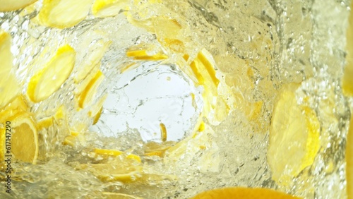 Texture of splashing water with lemon slices.