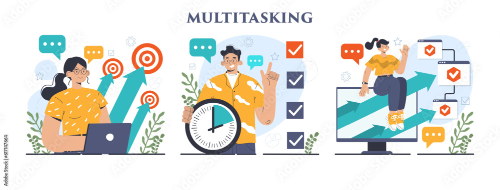 Fototapeta premium Multitasking concept set. Effective and competent office worker managing