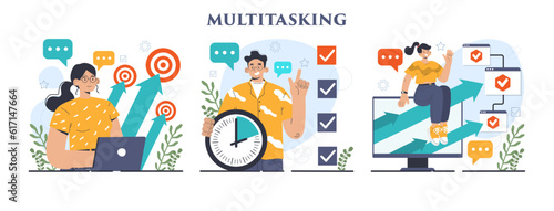 Multitasking concept set. Effective and competent office worker managing