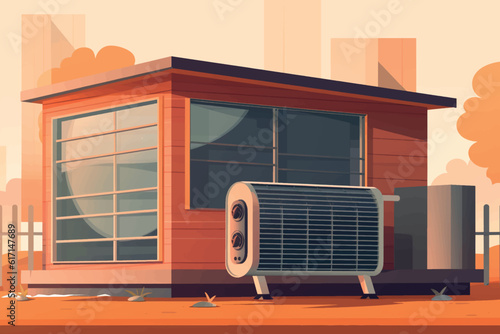 Framework concept for the installation of air source heat pumps. Heat pump in a family home. Vector illustration