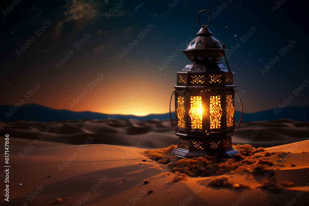 The desert sands cover the Ramadan lantern at night with the bright lighting of the lantern The desert sands cover the Ramadan lantern at night with the bright lighting of the lantern