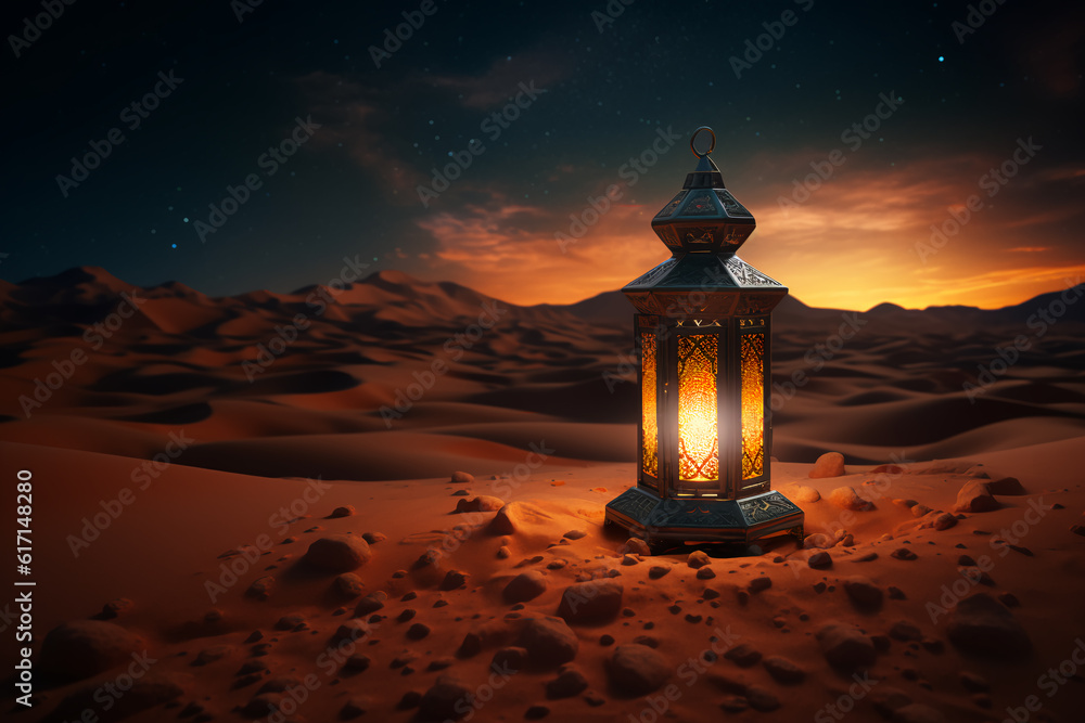 The desert sands cover the Ramadan lantern at night with the bright lighting of the lantern The desert sands cover the Ramadan lantern at night with the bright lighting of the lantern