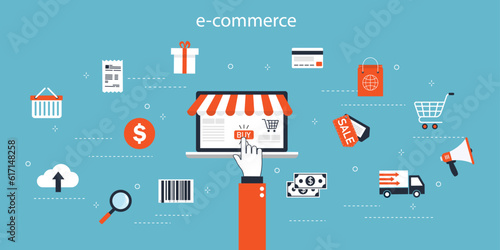 E-commerce business on blue background. online shopping and e-marketing. communication and delivery service symbol. vector illustration. Infographic banner with shops, malls, supermarkets, internet.