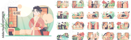 Daily routine of a japanese man set. Modern clerk working, spending