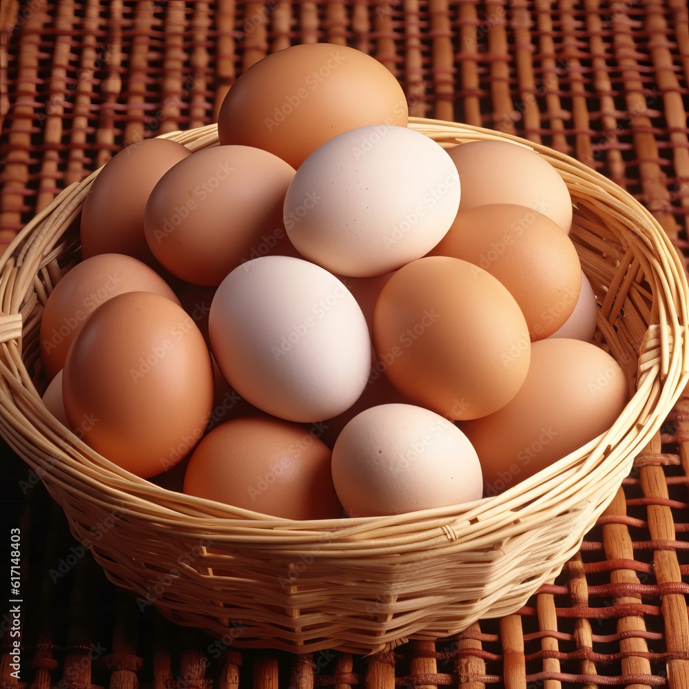 Homemade chicken eggs in hay and a wicker basket with feathers, chicken coop, high-protein dietary product, cooking ingredient Generative AI
Homemade chicken eggs in hay and a wicker basket with feathers, chicken coop, high-protein dietary product, cooking ingredient Generative AI