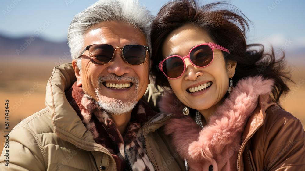 Smiling Japanese husband and wife, married couple in the nature background, traveling Smiling Japanese husband and wife, married couple in the nature background, traveling
