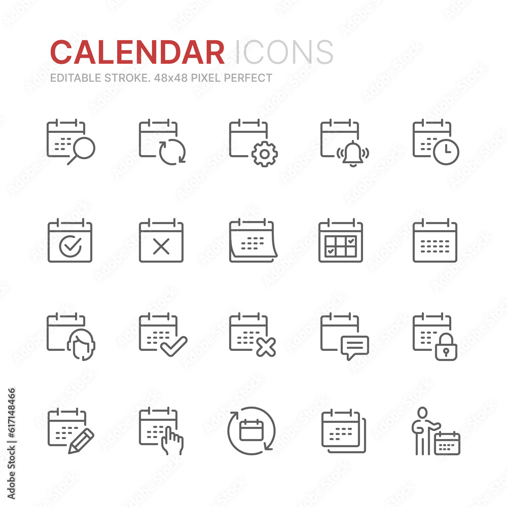 Collection of calendar related outline icons. 48x48 Pixel Perfect. Editable stroke Collection of calendar related outline icons. 48x48 Pixel Perfect. Editable stroke