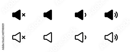 Speaker icon set. volume icon vector. loudspeaker icon vector. Mute and unmute volume sound flat vector icons for video apps and websites