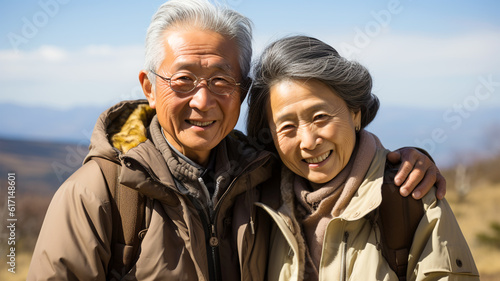 Smiling Japanese husband and wife, married couple in the nature background, traveling