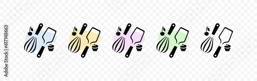 Silicone spatula and whisk with cherries and cupcake logo design. Utensils for making sweet pastries and desserts graphic design