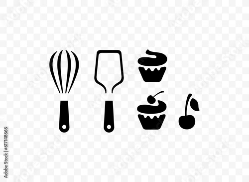 Silicone spatula and whisk with cherries and cupcake icon set. Utensils for making sweet pastries and desserts graphic design